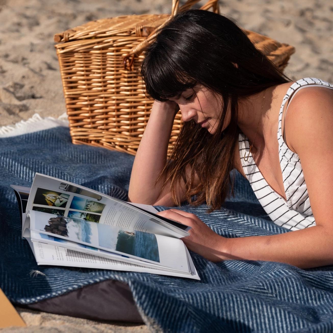 Herringbone Wool Picnic Blanket Sailor Blue