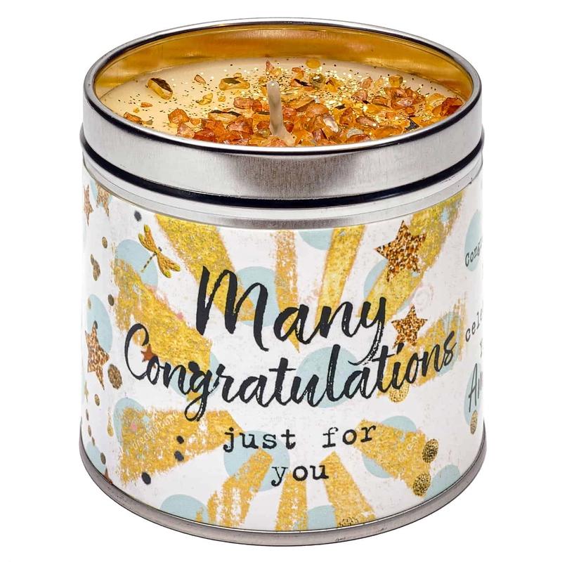 A tin candle with a label reading 'Many Congratulations JUST FOR YOU' from Best Kept Secrets.