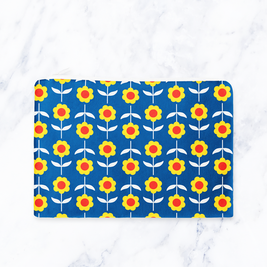 Retro Blue and Yellow Floral Make Up Bag