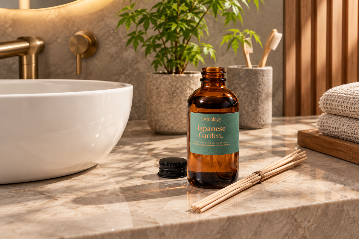 An amber glass bottle labeled 'Blossom Japanese Garden' sits on a marble bathroom counter beside a white vessel sink, bamboo sticks, and a small plant in a real interior setting.