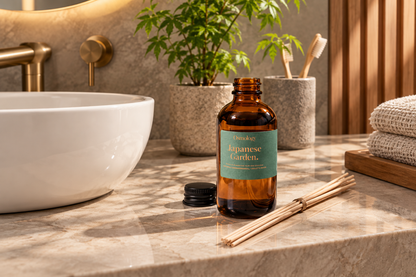 An amber glass bottle labeled 'Blossom Japanese Garden' sits on a marble bathroom counter beside a white vessel sink, bamboo sticks, and a small plant in a real interior setting.