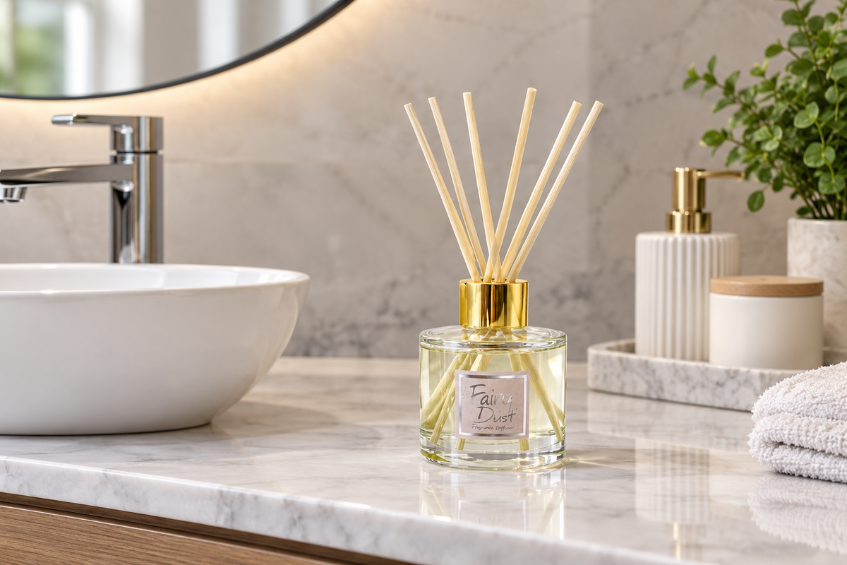 A clear glass reed diffuser bottle with a gold cap and natural reeds, labeled 'Breeze', set on a marble bathroom countertop next to a white vessel sink.
