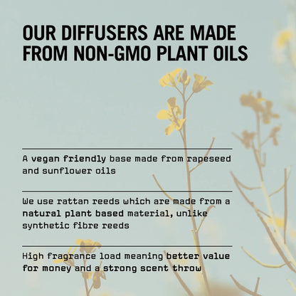 Text about diffusers made from non-GMO plant oils with a blurred background of plants.