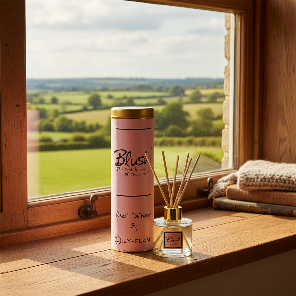 A pink cylindrical scent diffuser canister and a matching glass reed diffuser bottle with gold accents sit on a wooden windowsill. The canister is labeled 'Blush' and 'Scent Diffuser By OILY-PLAN', while the bottle has a matching 'Blush' label.