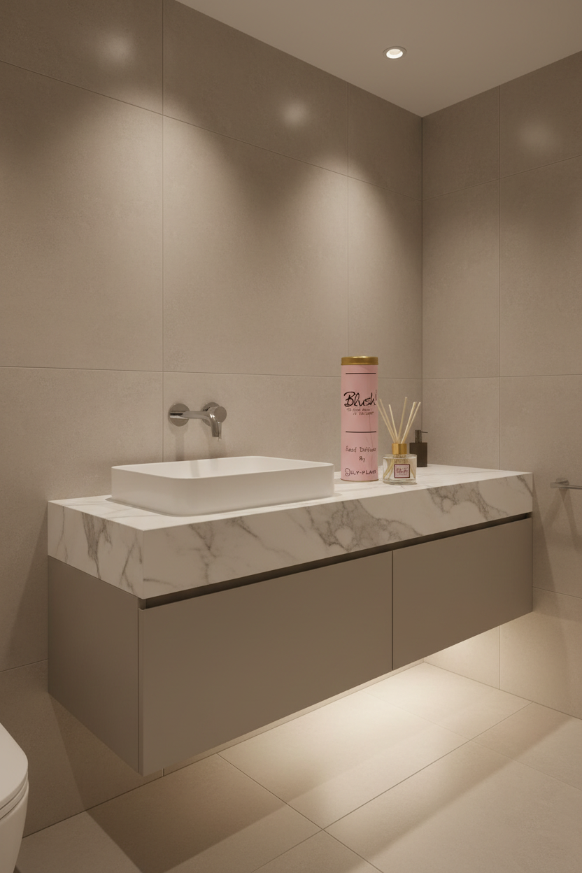 A modern floating bathroom vanity with a white marble-look countertop, a white rectangular vessel sink, and matte taupe-gray cabinets, shown in a minimalist tiled bathroom setting.