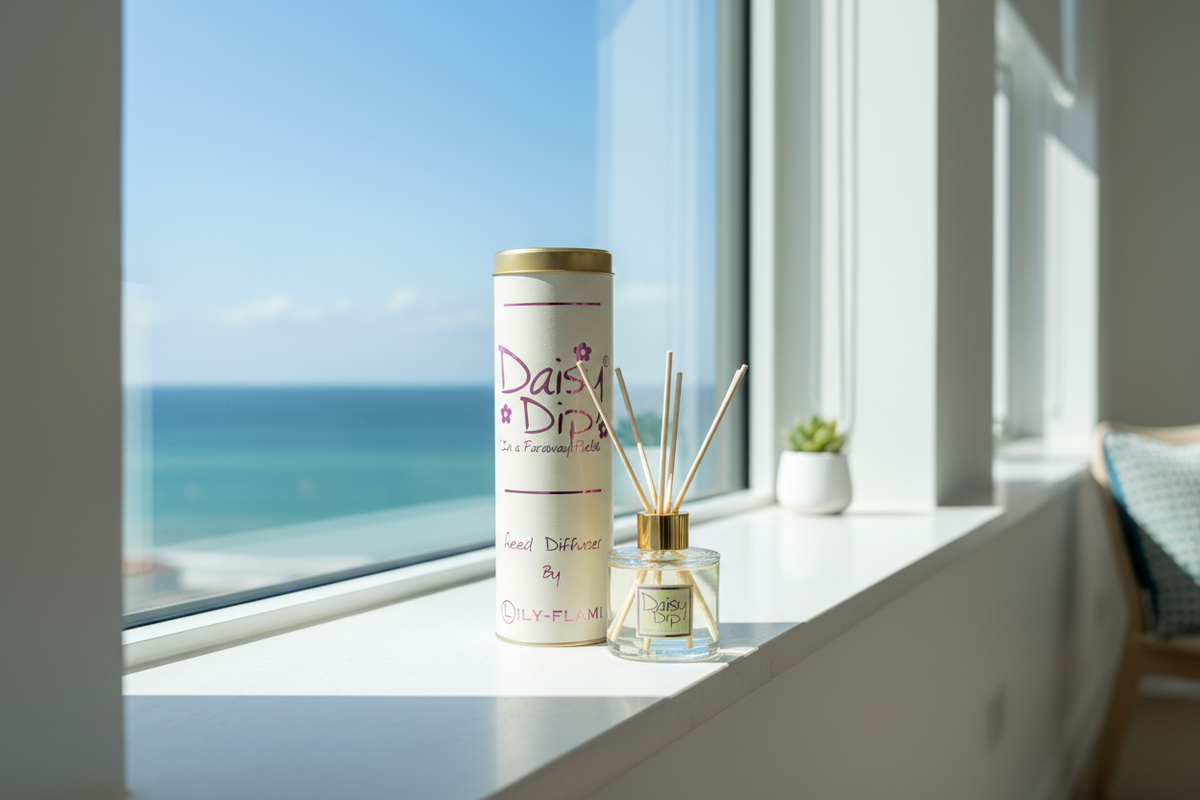 A reed diffuser set on a white windowsill with a large ocean view in the background. The set includes a cream-colored cylindrical tin with a gold lid and 'Daisy Dip' branding, and a clear glass reed diffuser bottle with natural reeds and a gold cap.