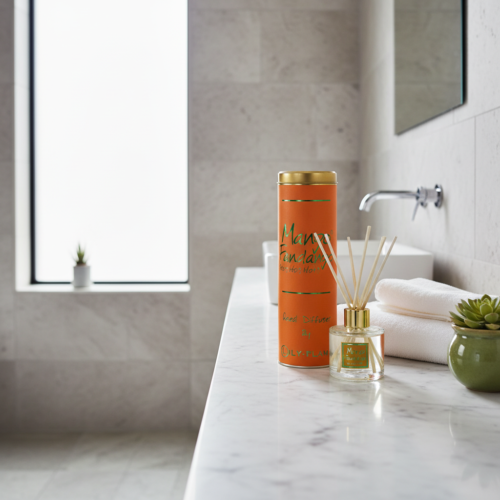 An orange cylindrical diffuser bottle with gold accents stands on a white marble bathroom counter beside a matching reed diffuser, with folded white towels, a small green plant, and a tiled bathroom background.