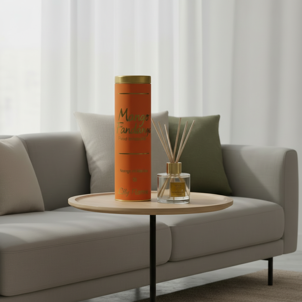 An orange cylindrical reed diffuser bottle with gold lettering stands on a small round wooden side table in a modern living room setting. A matching reed diffuser with glass bottle and wooden reeds sits beside it on the table, with a light gray sofa and neutral pillows in the background.