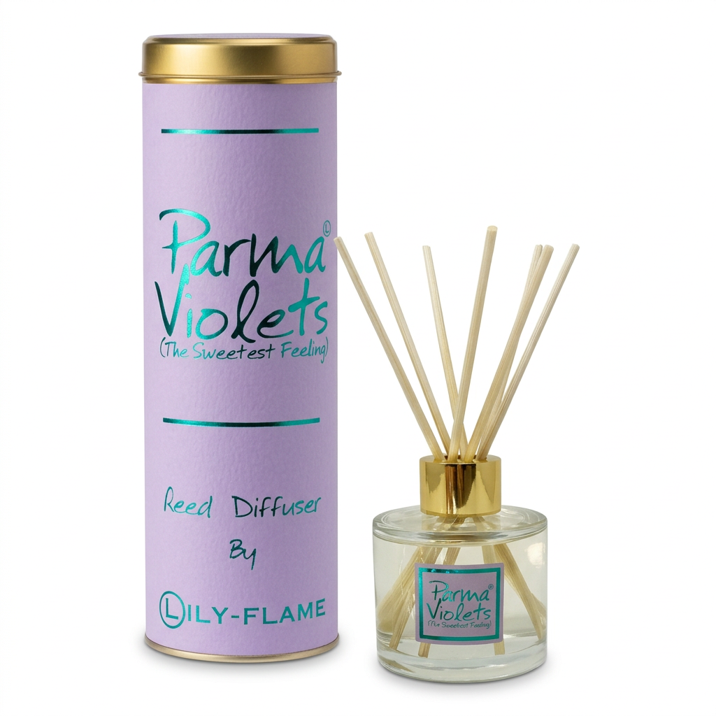 Parma Violets reed diffuser set featuring a lavender cylindrical packaging tube with a gold lid next to a clear glass reed diffuser bottle with natural reeds and a gold cap, on a white background.