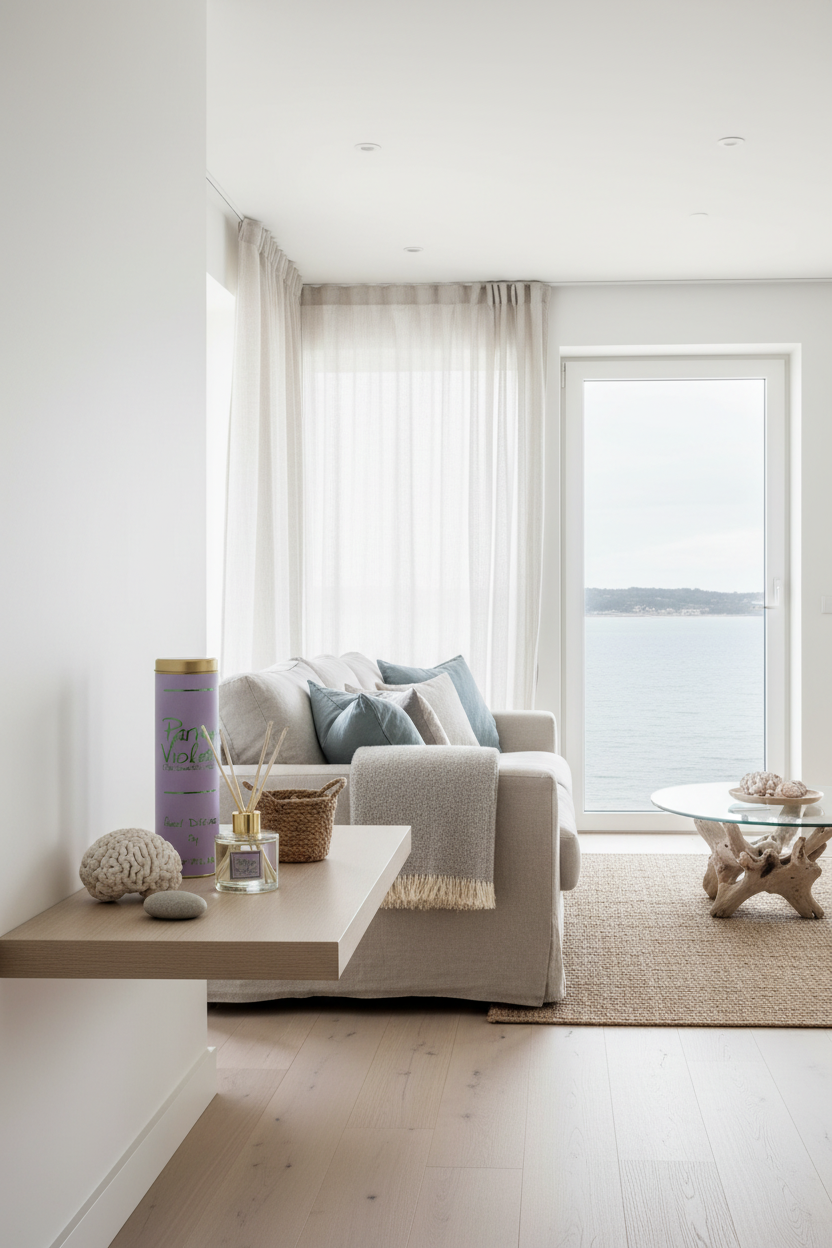 A bright, modern living room with a light beige sofa styled with blue and gray pillows, a cream throw blanket, and a woven rug, set against a large window overlooking the sea.