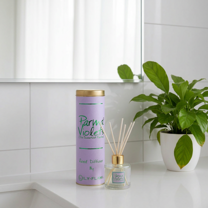 Parma Violets Diffuser by Lily Flame in a modern bathroom