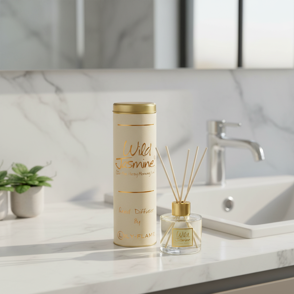 A cylindrical and bottle-style reed diffuser set labeled 'Wild Jasmine' sits on a white marble countertop beside a sink and faucet in a bathroom setting.