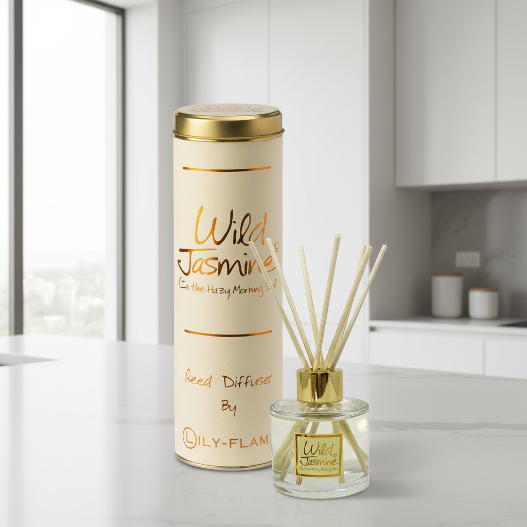 A reed diffuser bottle with natural reeds and a gold cap stands beside its tall cream-colored cylindrical packaging canister on a light marble countertop in a modern kitchen setting.