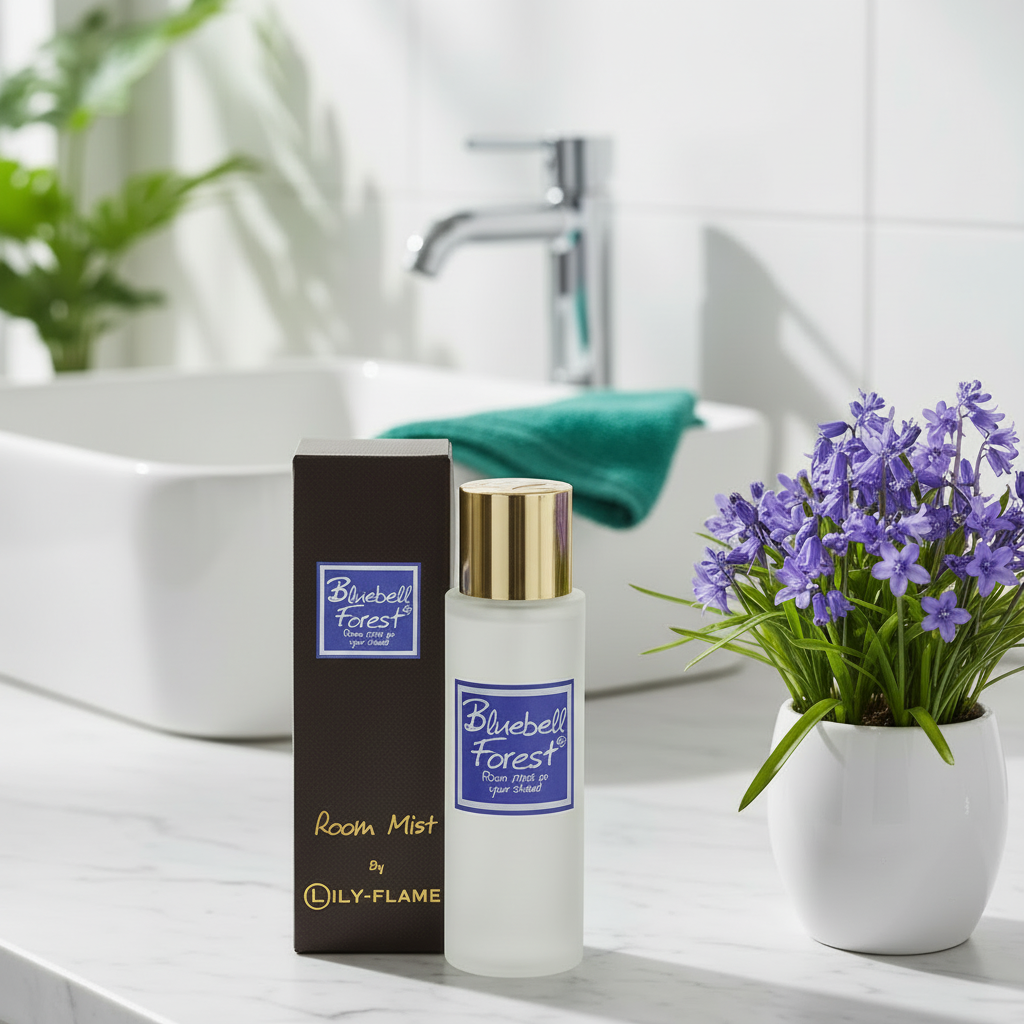 A bottle of Lily Flame Bluebell Forest Room Mist with a gold cap stands next to its dark brown box on a white marble countertop. The background shows a clean, modern bathroom with a white sink, chrome faucet, and a white vase of purple flowers.