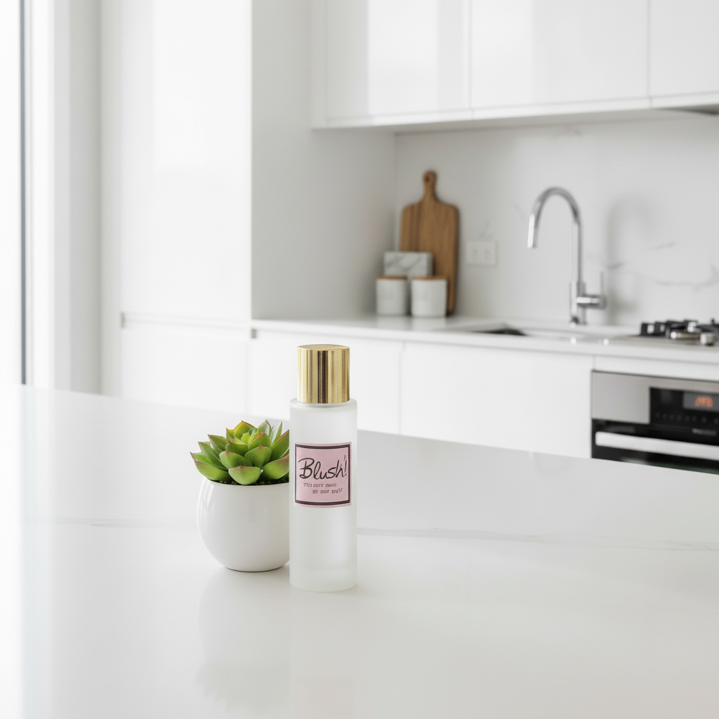 A frosted glass bottle with a shiny gold cap and a pink label reading 'Blush' sits on a white kitchen countertop next to a small potted succulent. The background shows a bright, modern white kitchen with a sink, faucet, and wooden cutting board.