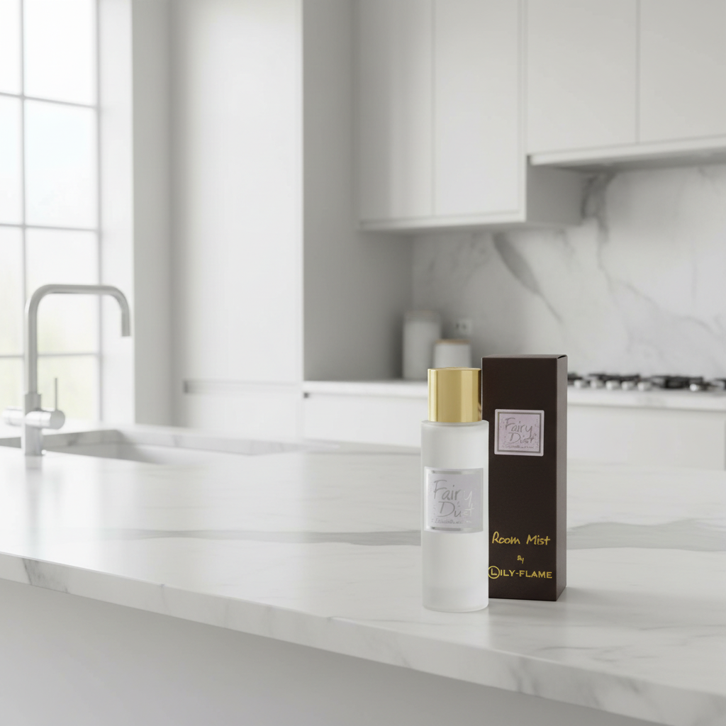 A bottle of Dalyl Flame Room Mist with a gold cap stands next to its dark brown box on a white marble kitchen counter in a bright, modern kitchen.