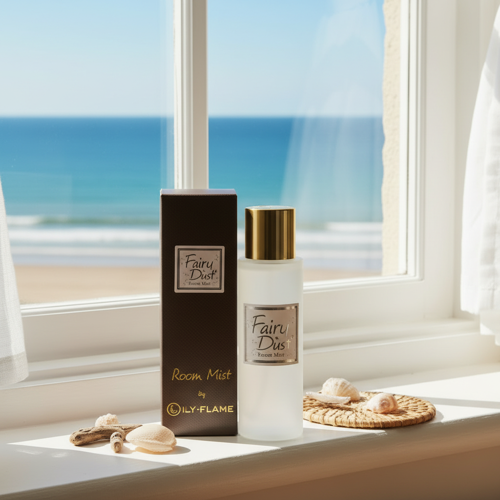A bottle of Fairy Dust Room Mist by Lyl-Flame stands next to its dark brown box on a sunlit windowsill with a beach and ocean view in the background. The bottle is frosted with a gold cap and a silver label, and the box is dark brown with gold lettering.