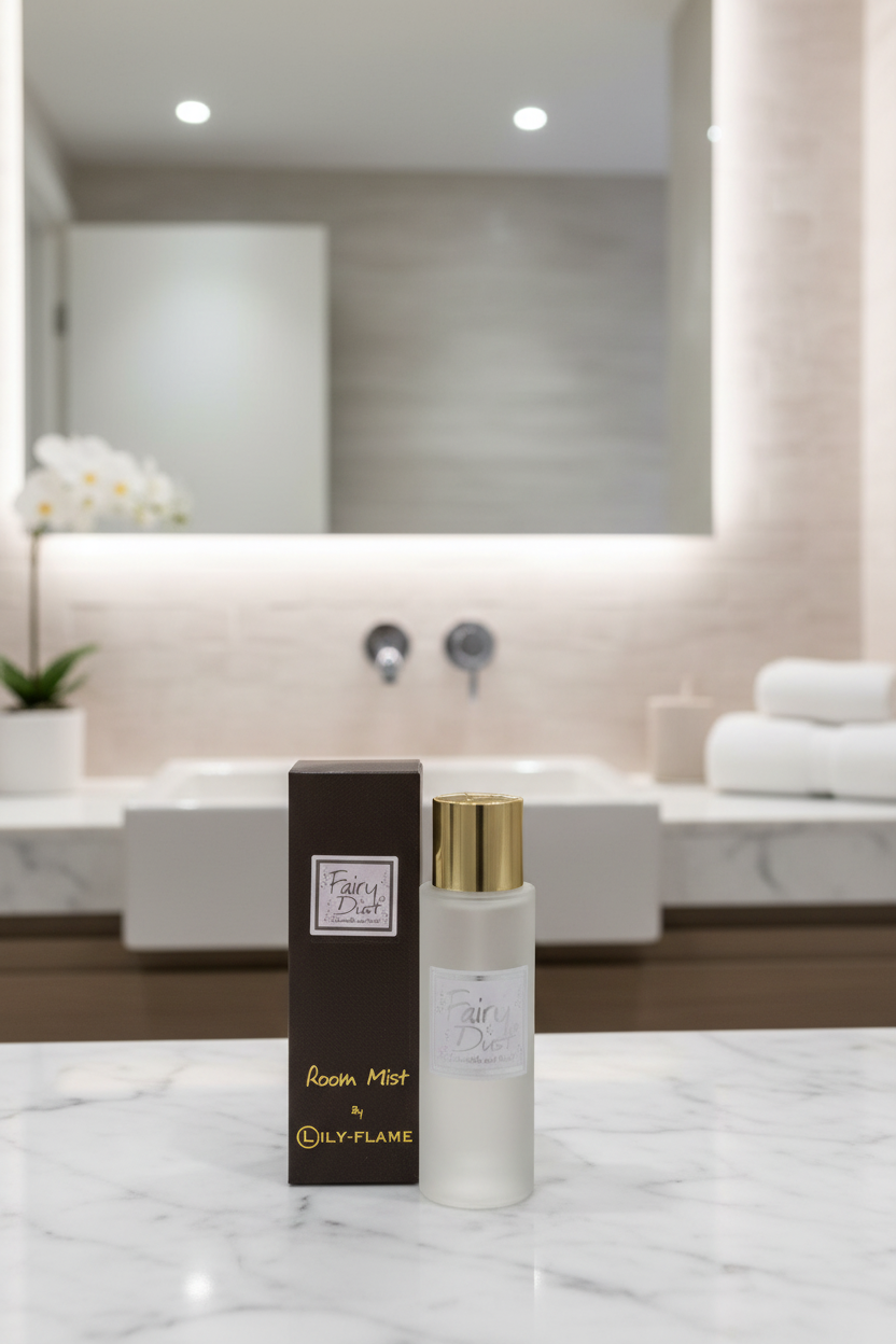 A bottle of room mist and its dark brown box with gold lettering are displayed on a white marble countertop in a modern, softly lit bathroom setting.