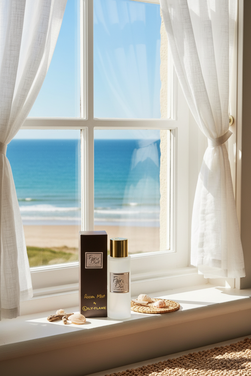 A bottle of Ocean Mist cologne and its box by the window with a beach view. The product features a white bottle with a gold cap and a dark brown box, styled on a windowsill with seashells and a small woven mat.