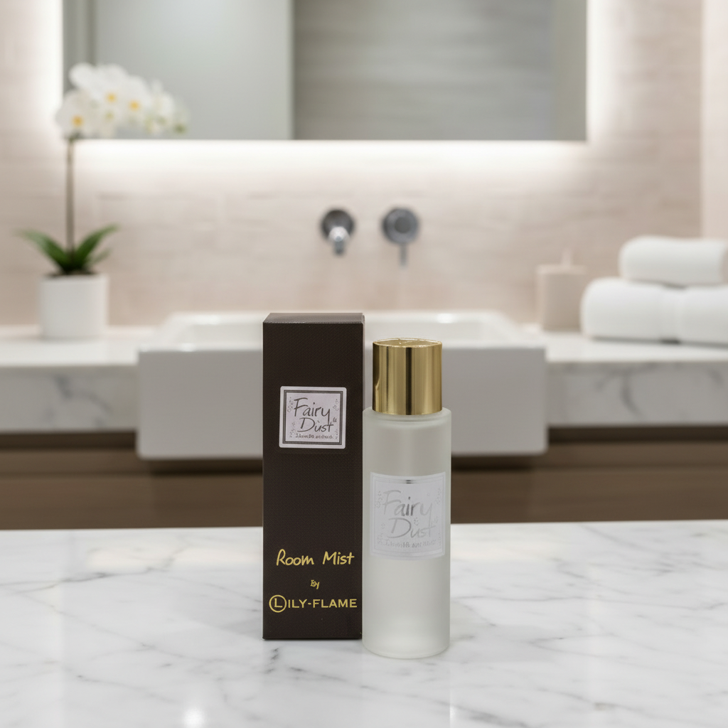 A bottle of Fairy Dust Room Mist by LILY-FLAME stands next to its dark brown box on a white marble countertop, with a blurred modern bathroom in the background.