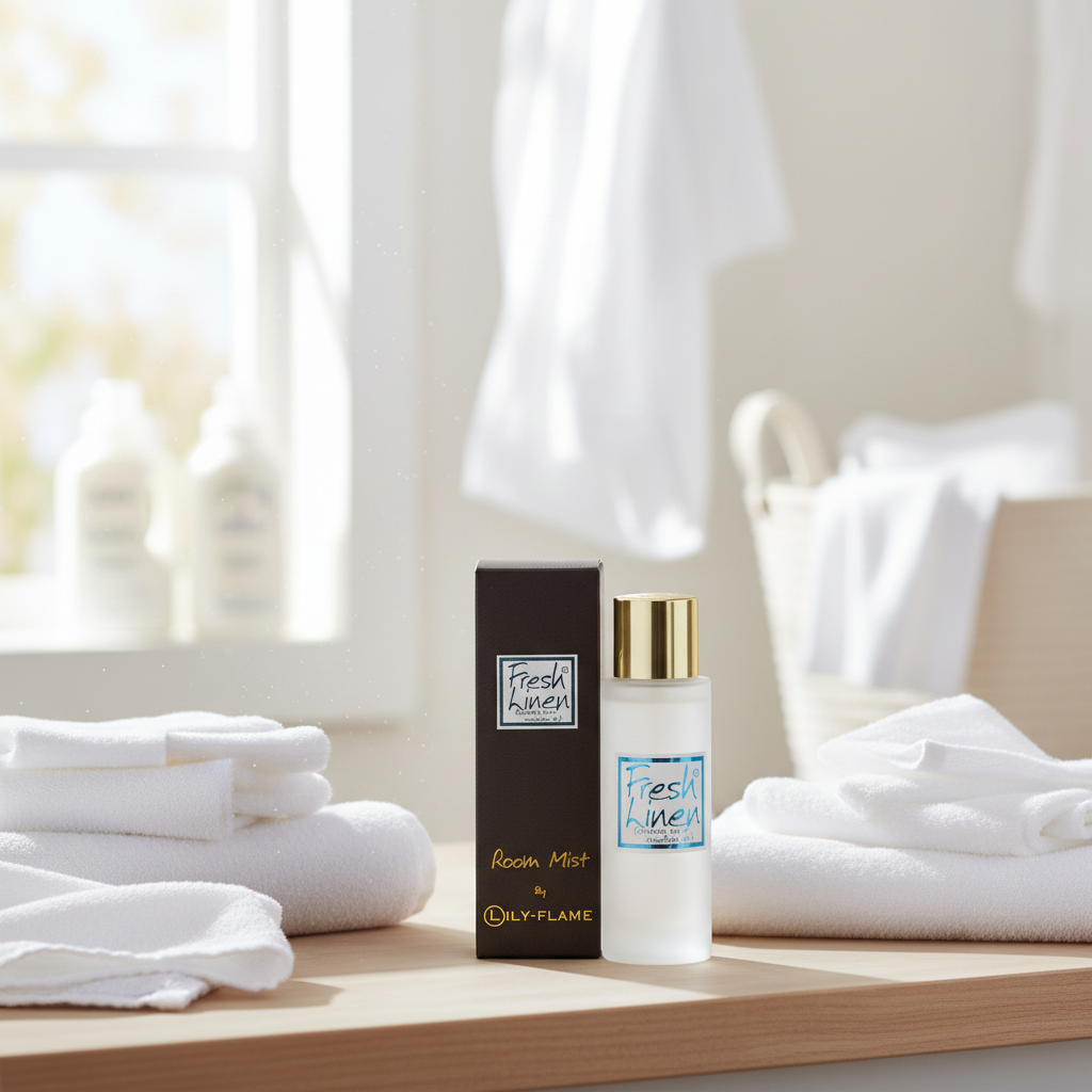 A bottle of Fresh Air Fresh Room Mist by Oily Flame stands next to its black box on a wooden surface, styled with white towels in a bright, sunny bathroom setting.