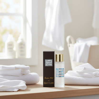 A bottle of Fresh Air Fresh Room Mist by Oily Flame stands next to its black box on a wooden surface, styled with white towels in a bright, sunny bathroom setting.