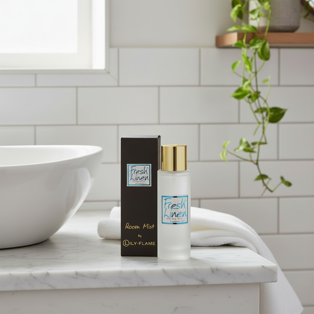 A bottle of Fresh Kinen room mist and its dark brown box, both branded by Oily Flame, are displayed on a white marble bathroom counter next to a white sink and a folded white towel, with a green trailing plant in the background.