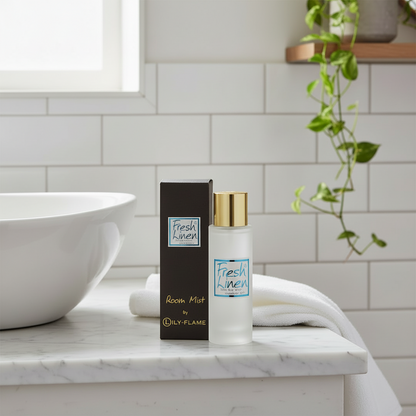 A bottle of Fresh Kinen room mist and its dark brown box, both branded by Oily Flame, are displayed on a white marble bathroom counter next to a white sink and a folded white towel, with a green trailing plant in the background.