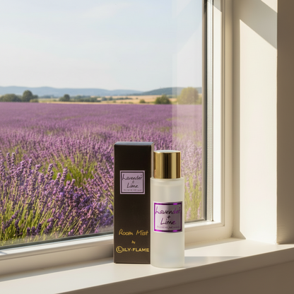A bottle of Caly-Flame Lavender Lime Room Mist and its black packaging box sit on a sunlit windowsill, with a real lavender field visible outside the window.