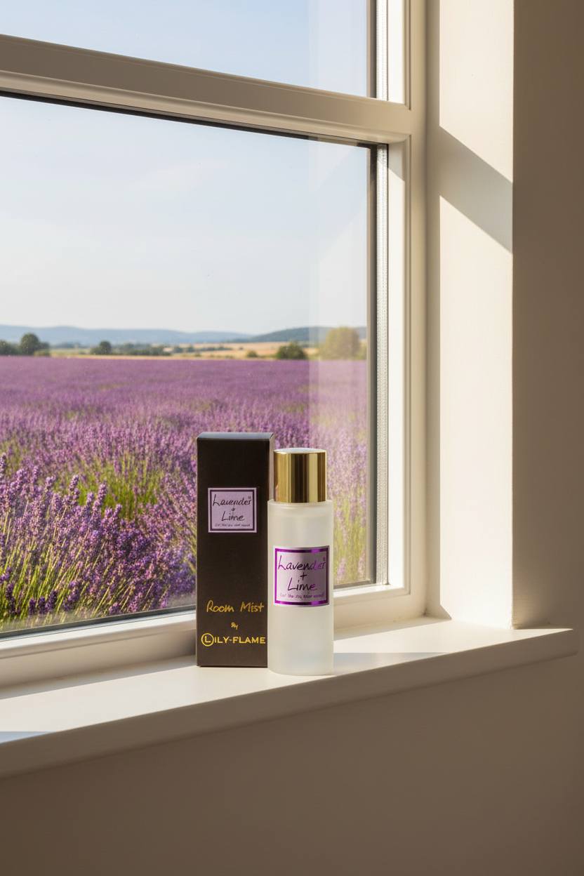 A perfume bottle and its box labeled 'Lavender & White' by the brand Only Plume, styled on a windowsill with a real outdoor lavender field visible in the background.