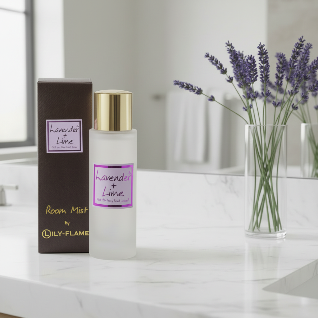 A frosted glass bottle of Lily-Flame Lavender + Lime Room Mist with a gold cap stands next to its dark brown box on a white marble countertop. A glass vase with lavender sprigs is in the background.