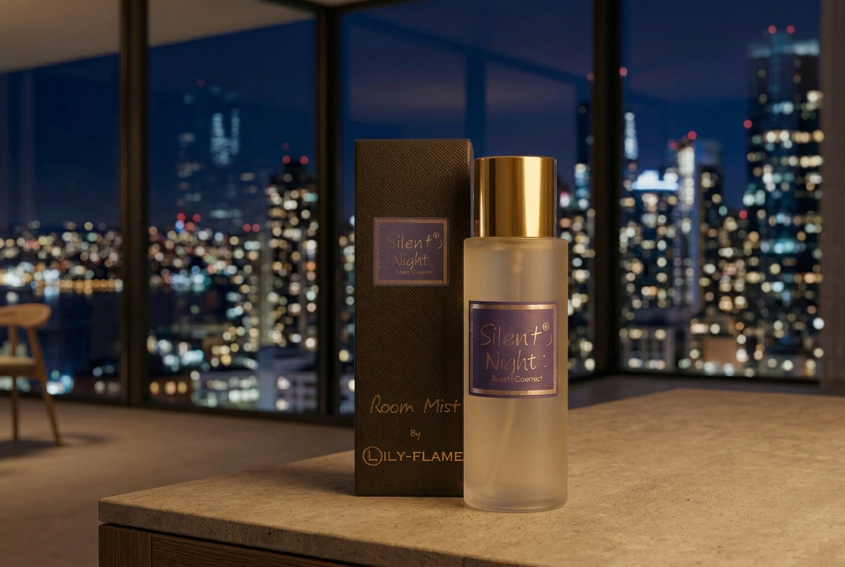 Room mist bottle and packaging labeled 'Silver Night' by Lily Flame on a white background