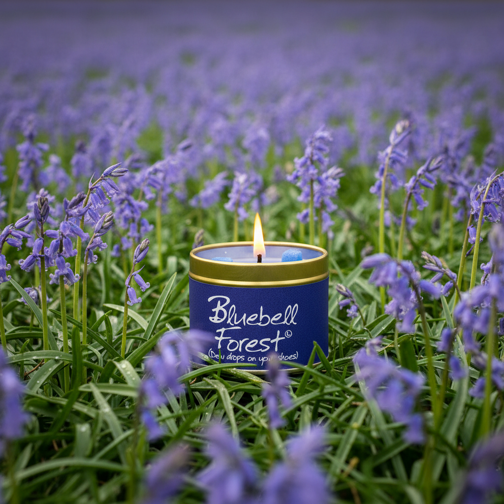 A lit blue candle tin labeled 'Bluebell Forest' sits in a field of purple bluebells, with the flowers surrounding the product in a natural outdoor setting.