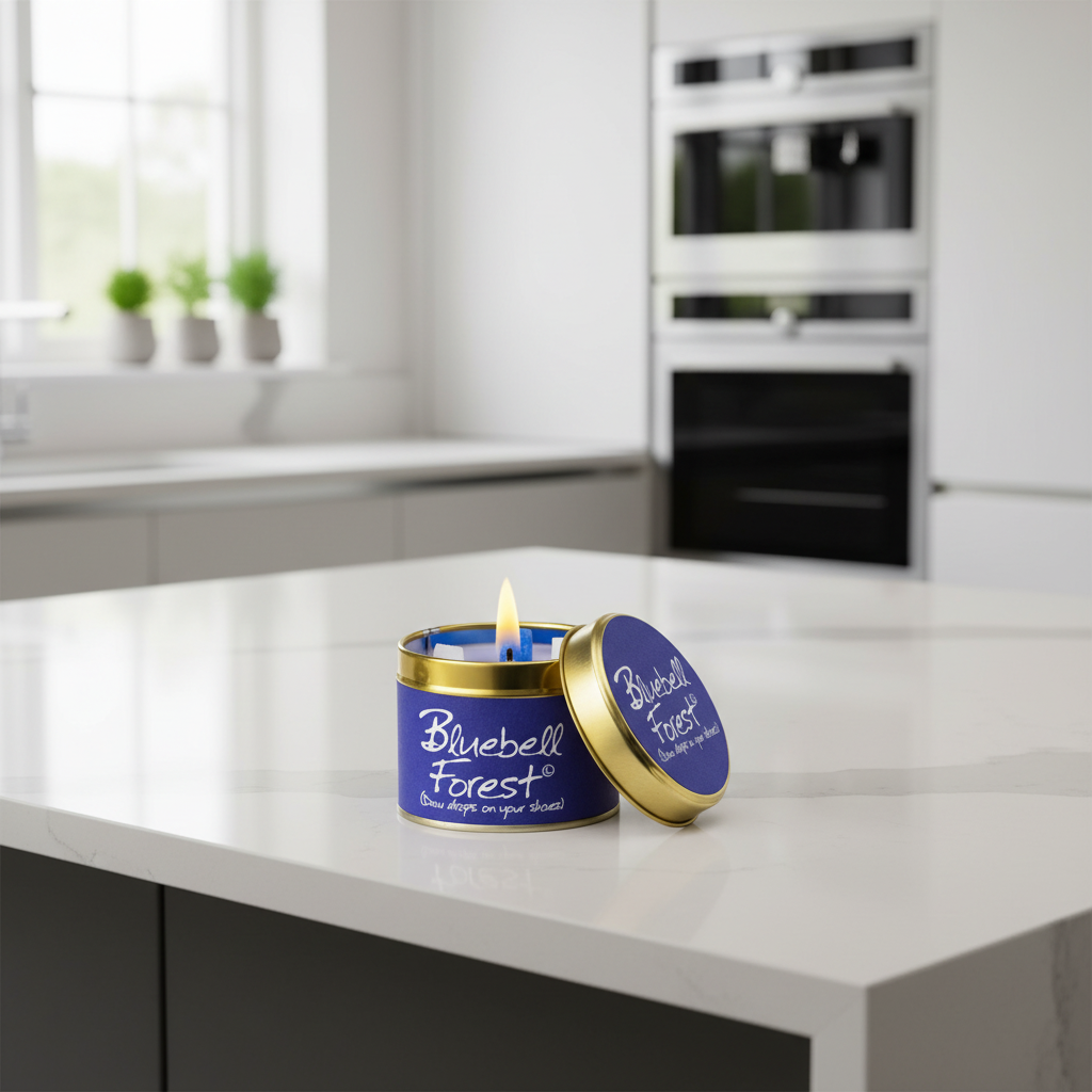 A lit blue candle in a round tin with a gold lid resting beside it on a white kitchen countertop. The label reads 'Bluebell Forest' and the lid has matching branding.