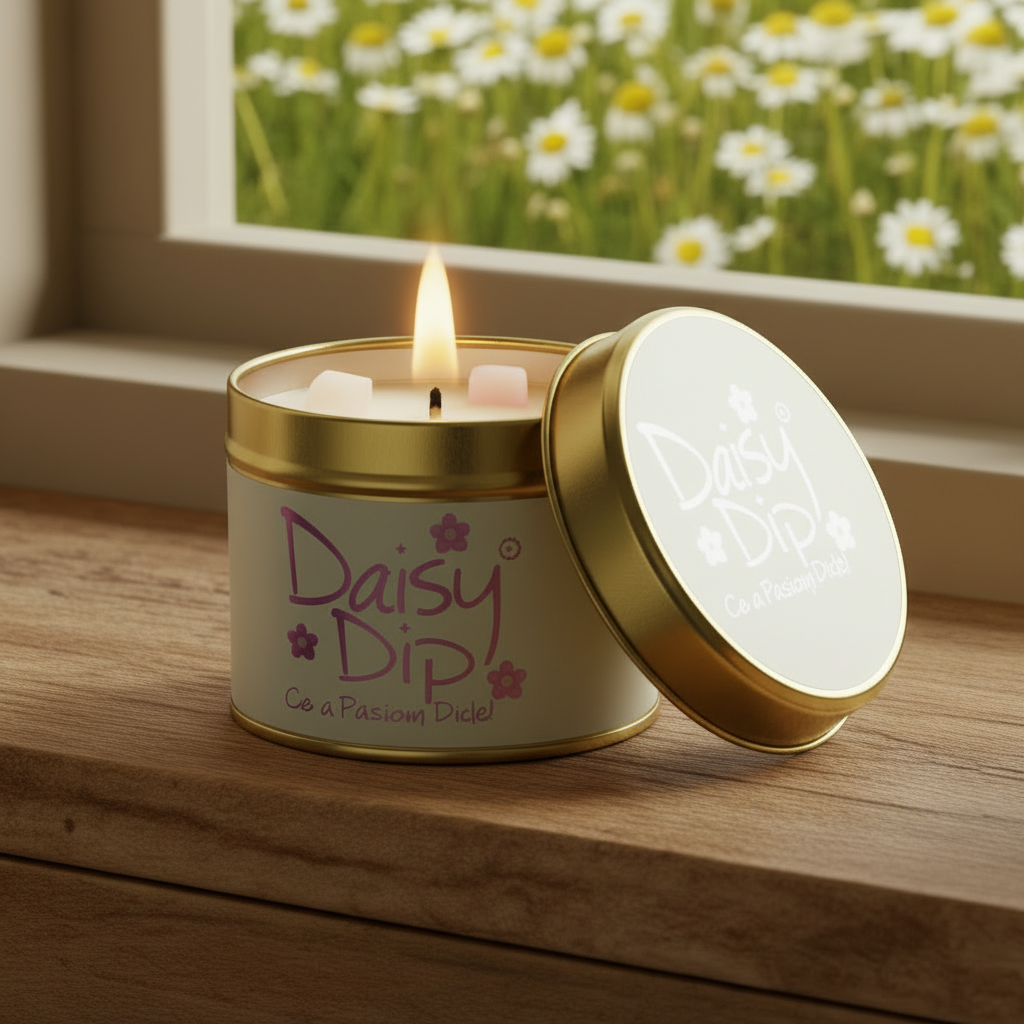 A lit white candle in a round tin with a gold lid leaning against the front, placed on a wooden windowsill with a blurred field of white daisies visible outside. The label reads 'Daisy Dip' and 'Co a Passionate Diddie'.