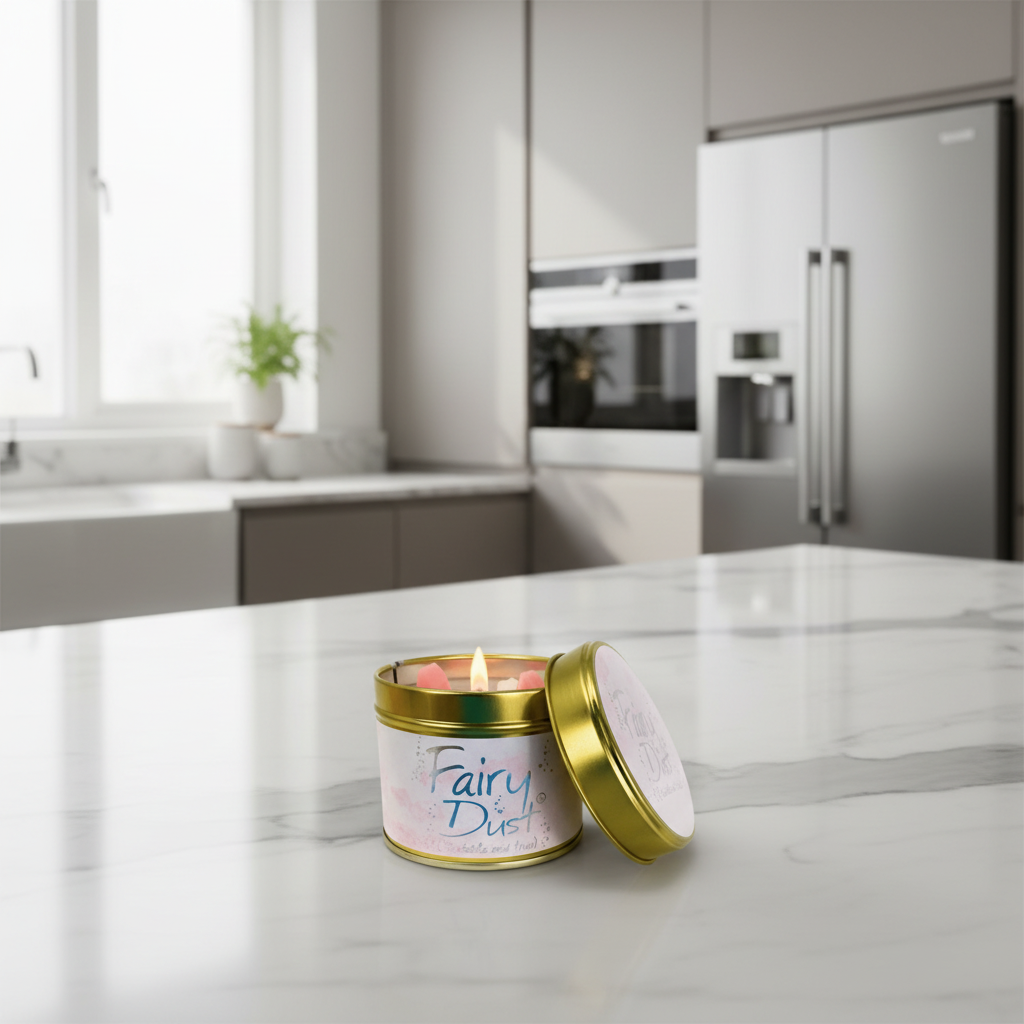 Fairy Dust Scented Candle by Lily-Flame in a modern kitchen