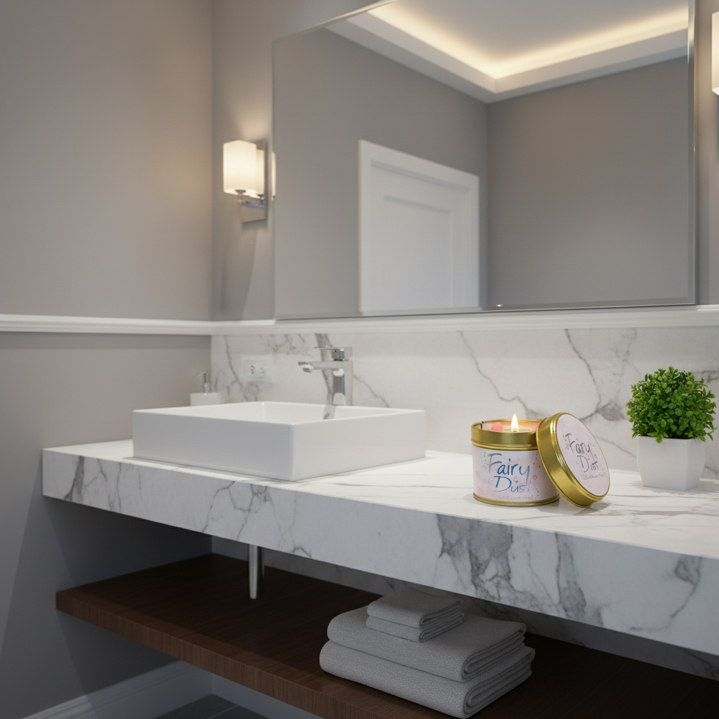 A modern bathroom vanity scene with a white marble countertop, rectangular vessel sink, wall-mounted mirror, and a lit candle labeled 'Fairy Daze' on the counter beside a small potted plant.