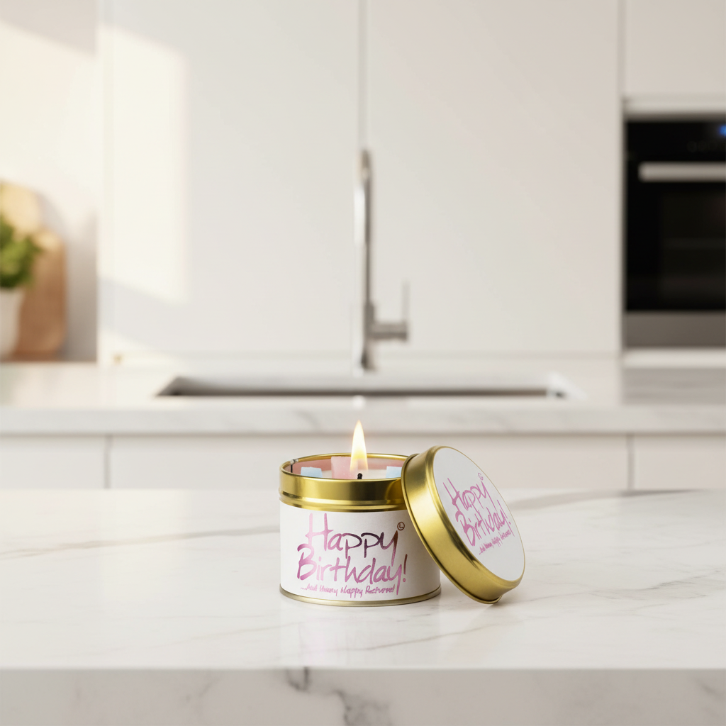 A lit candle in a round tin with a gold lid resting beside it on a white marble kitchen counter. The candle label reads 'Happy Birthday!' in pink script, and the lid has matching text.