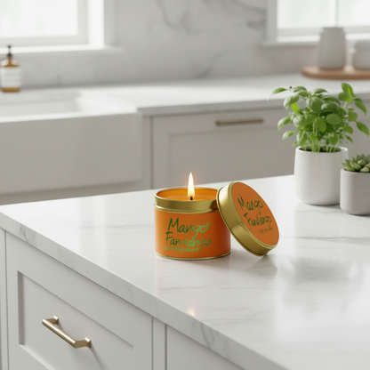 A lit orange candle in a round metal tin sits on a white marble kitchen counter, with the lid leaning beside it. The candle is labeled 'Mango Fan Daisy' and 'Mango Fajadas'.