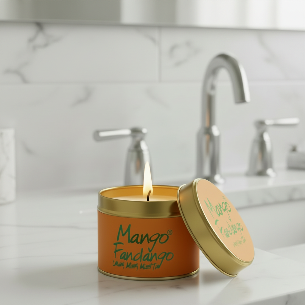 A lit candle in a round orange tin with a gold lid resting beside it on a bathroom counter. The label reads 'Mango Fandango' and the lid has 'Mango Candle' printed on it.