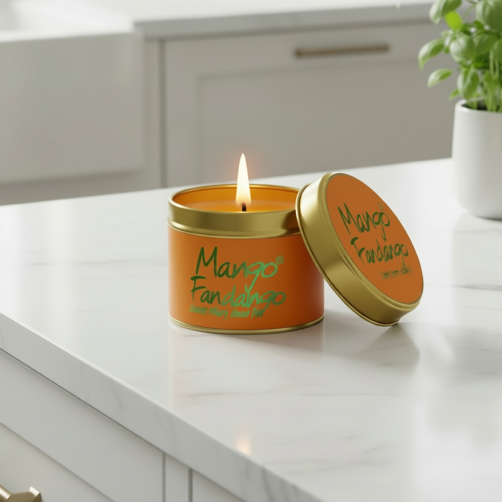 An orange candle in a round metal tin with a gold lid, set on a white marble countertop in a kitchen. The candle is lit, and the lid leans against the side of the tin.