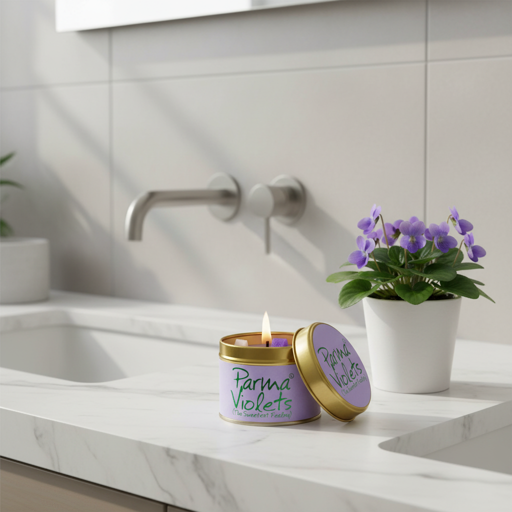 A lavender and gold tin candle labeled 'Parma Violets' sits lit on a white marble countertop next to a potted purple flower, with a blurred bathroom sink and faucet in the background.