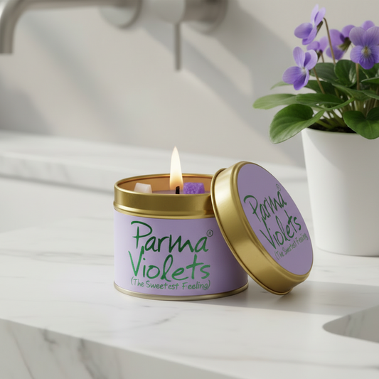 A lavender scented candle in a gold-rimmed tin with its lid leaning beside it on a marble countertop. The label reads 'Parma Violets (The Sweetest Feeling)'.