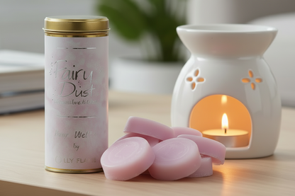 A tin of 'Fairy Dust' room melt wax by Ollie Flairie sits on a wooden table next to several pink wax melts and a white ceramic candle warmer with a lit tea light candle.