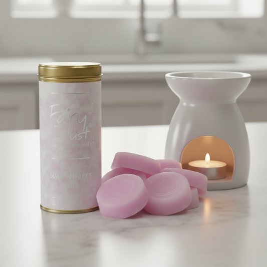Pink wax melts in a round tin with a gold lid, shown with several wax melts stacked in front and a white oil burner candle holder with a lit tea light candle on a marble countertop.