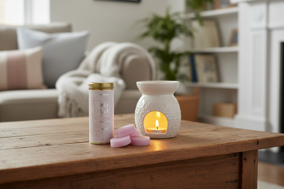 A candle tin and a white wax warmer with a lit candle sit on a wooden table in a cozy living room setting.