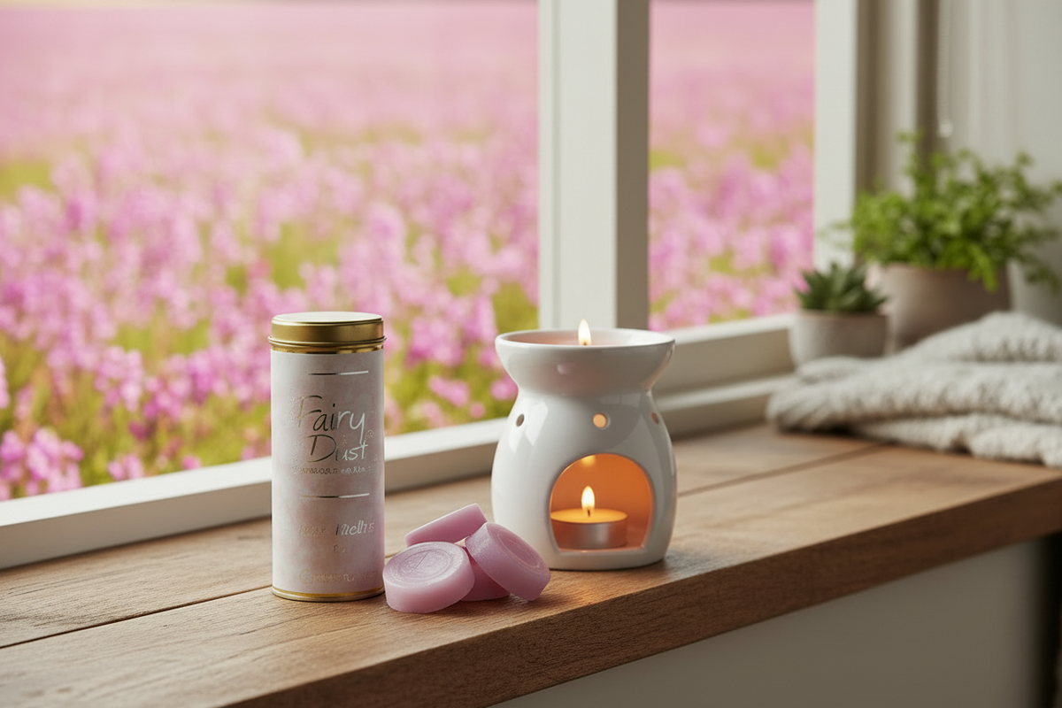 A white ceramic wax warmer with a lit tea light candle sits on a wooden windowsill beside a cylindrical tin labeled 'Fairy Dust' and several pink wax melts. A blurred window view of a pink flower field appears in the background, along with small potted plants and a folded blanket.
