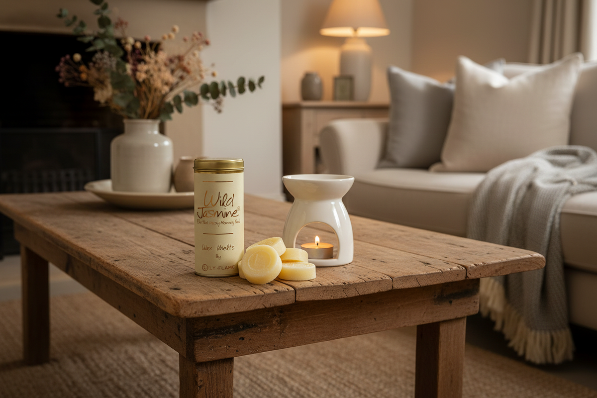 A rustic wooden coffee table in a cozy living room setting displays a jar of 'Whiskers' scented soap, several round yellow soap bars, and a white ceramic candle warmer with a lit tea light candle. In the background, a beige sofa with pillows and a throw blanket is softly lit by a table lamp.
