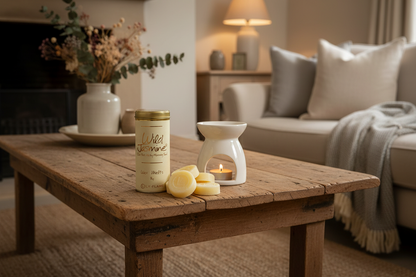 A rustic wooden coffee table in a cozy living room setting displays a jar of 'Whiskers' scented soap, several round yellow soap bars, and a white ceramic candle warmer with a lit tea light candle. In the background, a beige sofa with pillows and a throw blanket is softly lit by a table lamp.