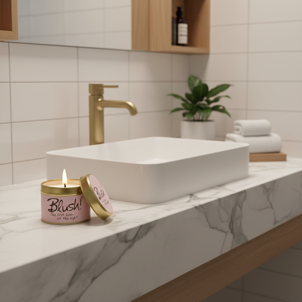 A pink candle tin with a gold lid sits on a white marble bathroom counter beside a white vessel sink and gold faucet. The candle label reads 'Blush' and the scene is styled like a clean modern bathroom with a gold faucet, white tiles, a small plant, and folded towels.